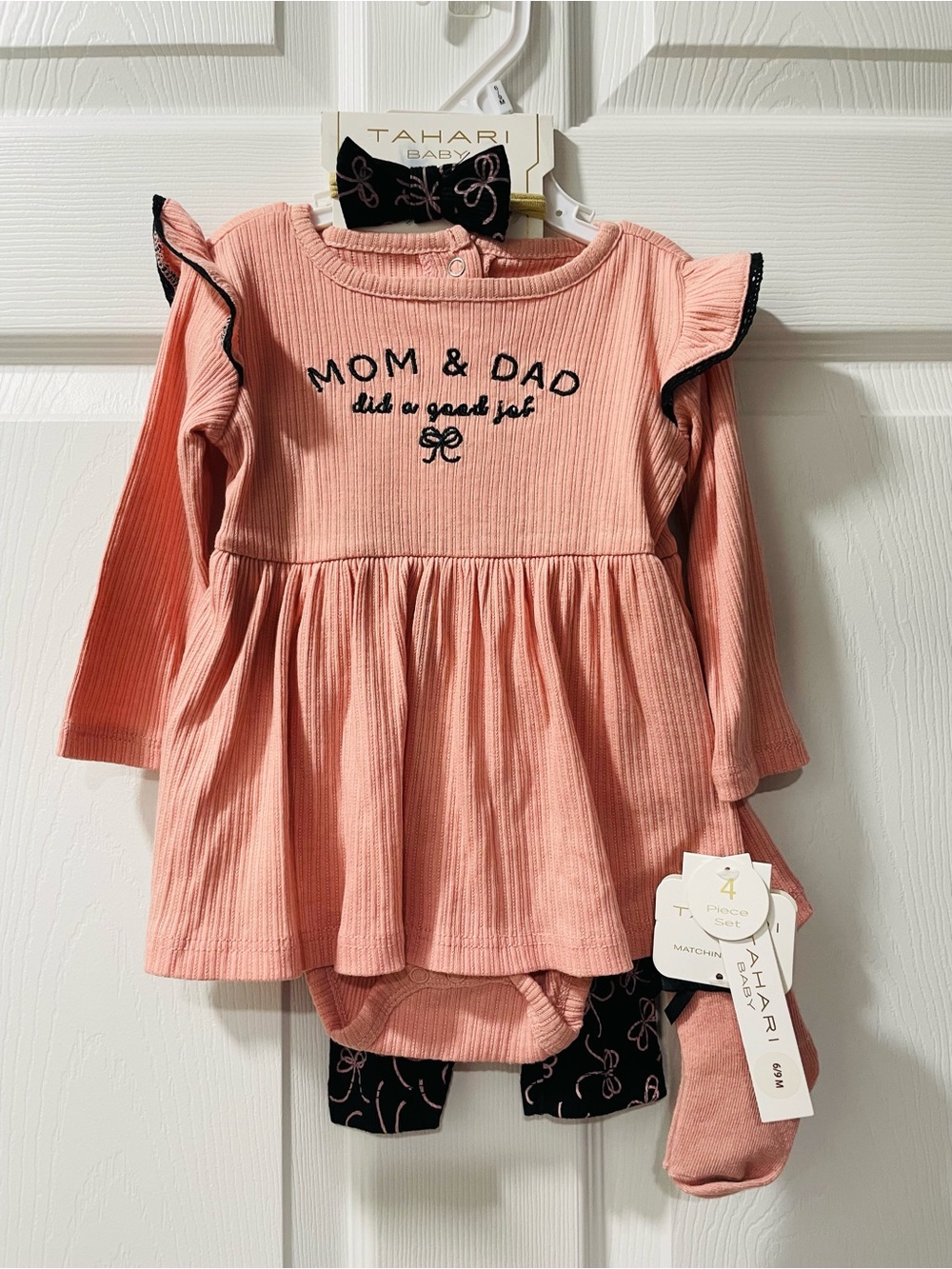 Tahari Pink Ribbed Long-Sleeve Dress Set with Bodysuit & Tights